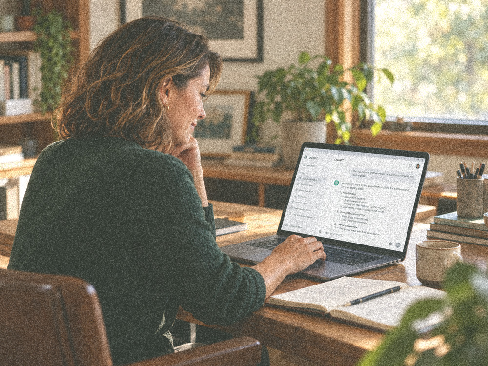 An owner working through a real task with AI on her laptop at a wooden desk