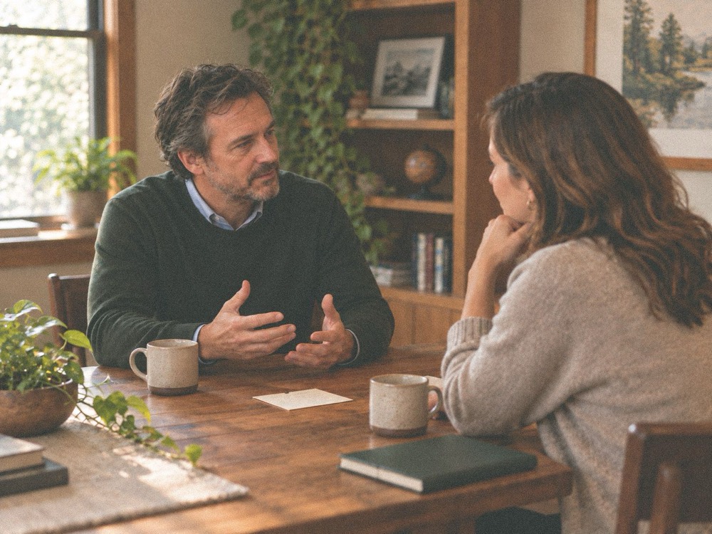 An owner talking something through with a colleague across a kitchen table